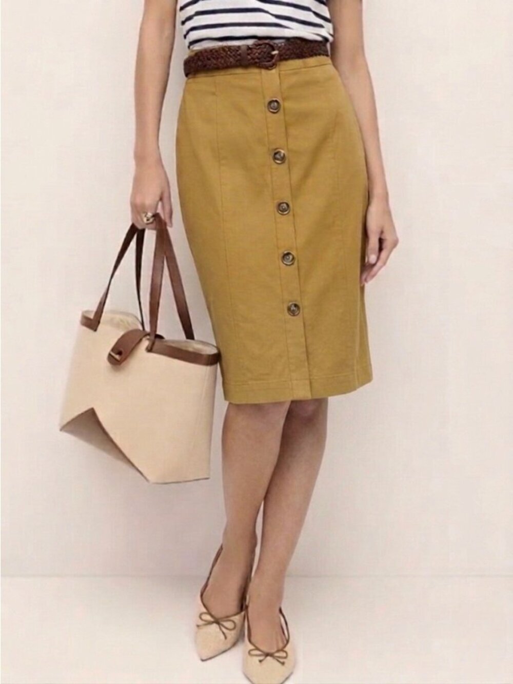 WHBM Button Front Pencil Skirt Sz 6 Knee Length Stretch Preppy Classic